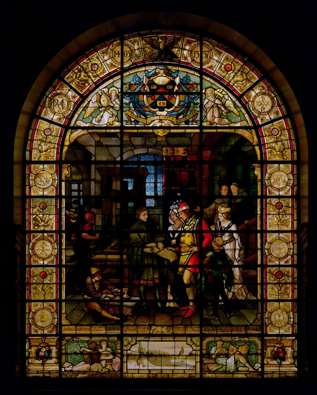 William Caxton toont zijn eerste gedrukte boek aan Edward IV en zijn vrouw, Elizabeth Woodville in 1477, door Mayer en Co., München door German School