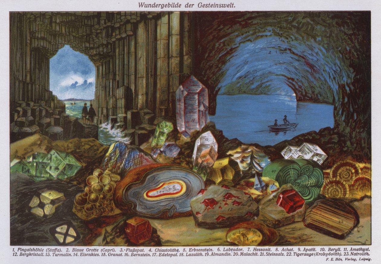 Wereldwonderen of rotsen en kristallen (kleurenlitho) door German School