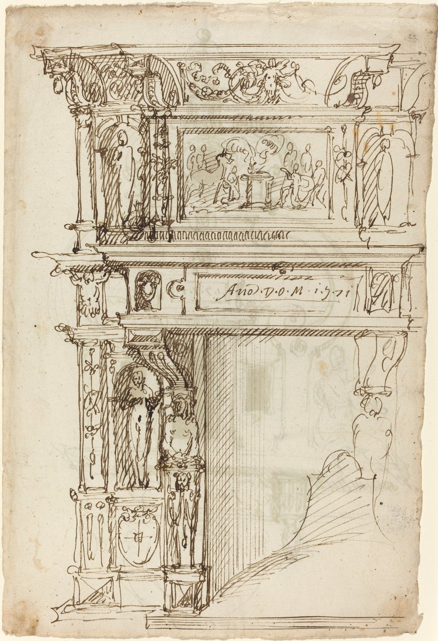 Paleisachtige schoorsteenmantel met een scène van oud offer [recto] door German or Austrian 16th Century