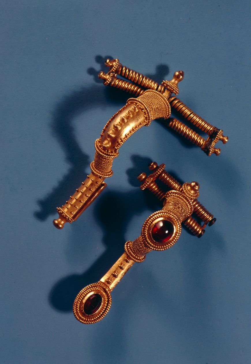 Twee gebogen broches, uit Hassleben, Thüringen (goud en edelstenen) door Germanic