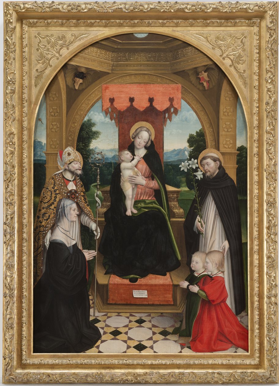 Madonna op de troon met het Kind tussen de heiligen Abbondio en Dominicus, de opdrachtgever Ludovica Buronzo en haar zonen Peter en Jerome door Gerolamo Giovenone