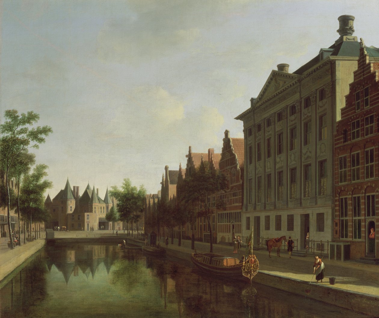 Uitzicht op de Kloveniersburgwal in Amsterdam, met de Waag, en een schuit afgemeerd voor het Trippenhuis aan de rechterkant, 1685 door Gerrit Adriaensz Berckheyde