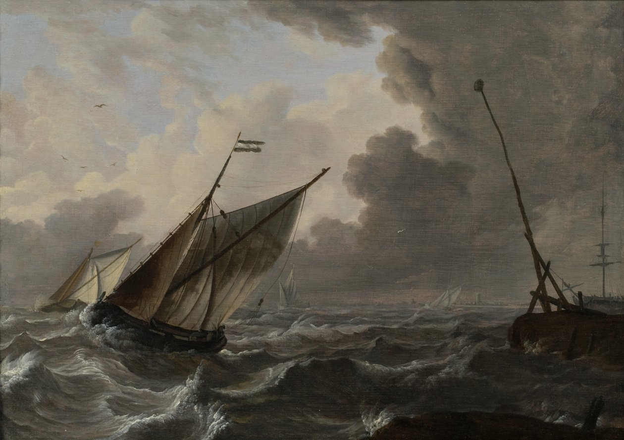 Zeilschepen in een ruwe zee door Gerrit (attr. to) Pompe