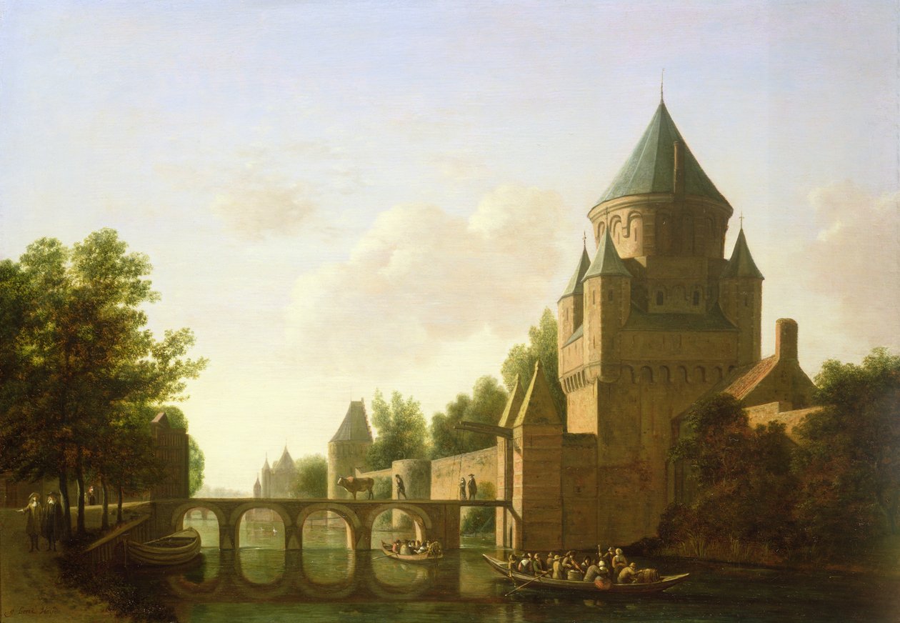 Avondzicht op de Kleine Houtpoort in Haarlem door Gerrit Adriaensz Berckheyde