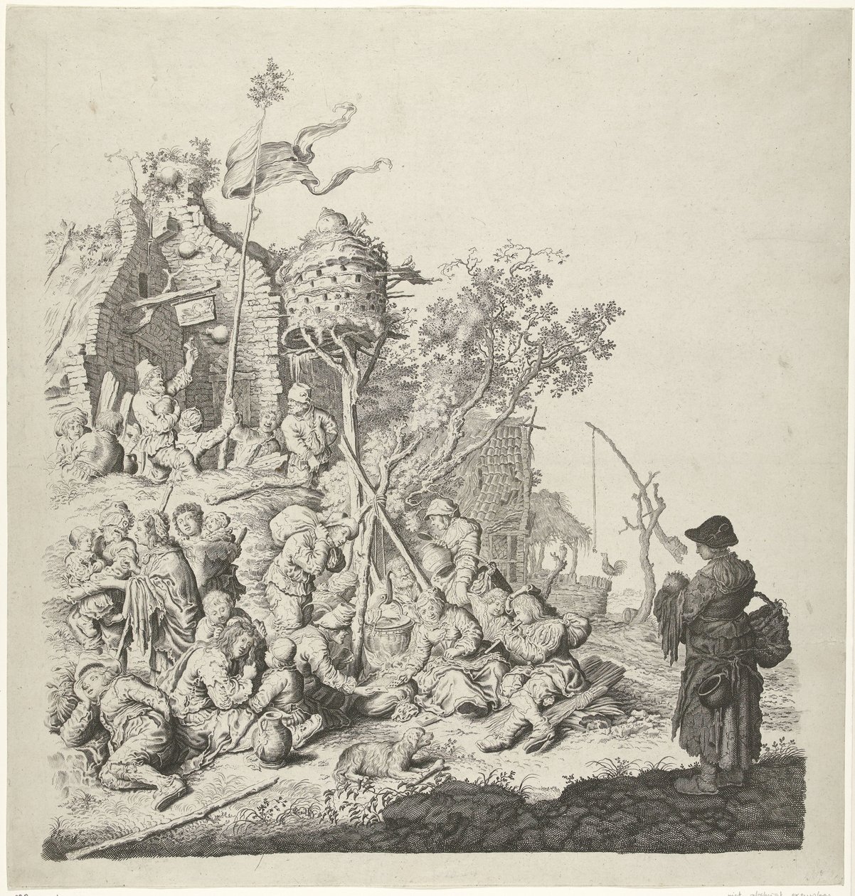 Groep Roma bij een herberg met een duiventil door Gerrit Adriaensz. de Heer