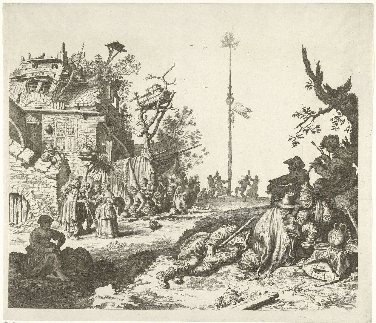 Rustende Roma familie voor een vervallen herberg door Gerrit Adriaensz. de Heer