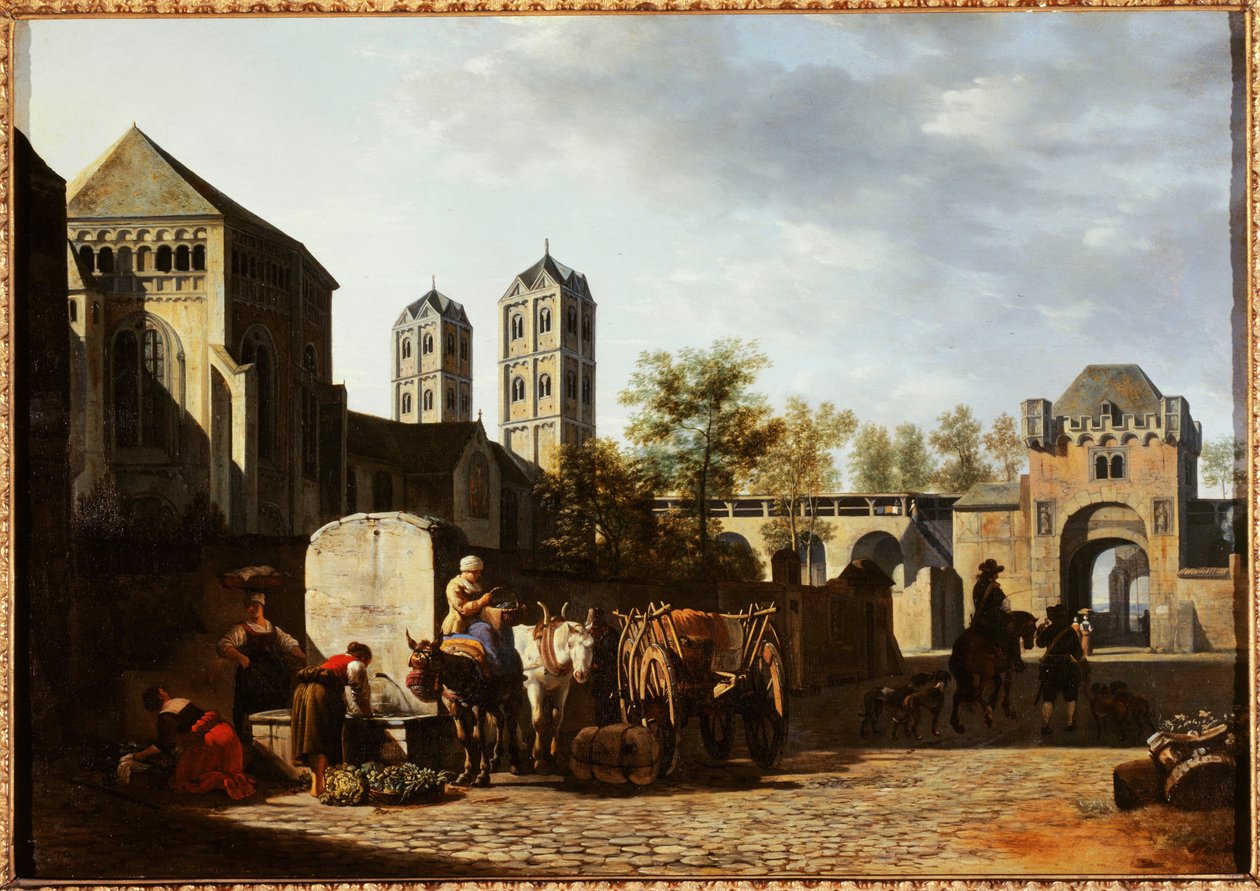 Frans: Fontaine publique et église Saint-Géréon à Cologne door Gerrit Adriaenszoon Berckheyde