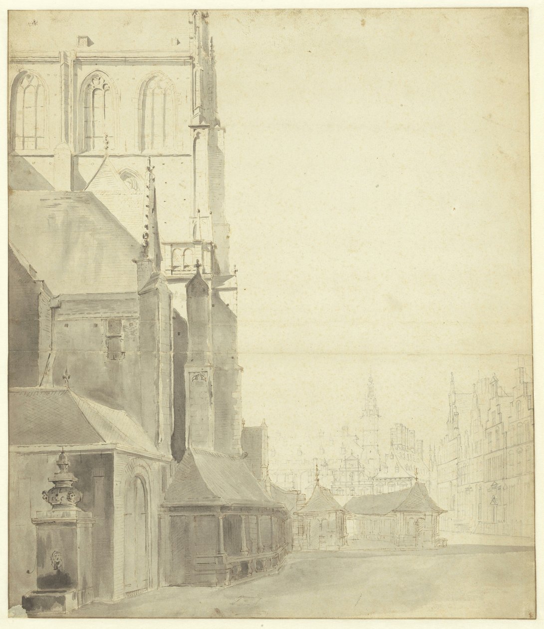 Vismarkt, oostzijde, met pomp door Gerrit Adriaenszoon Berckheyde