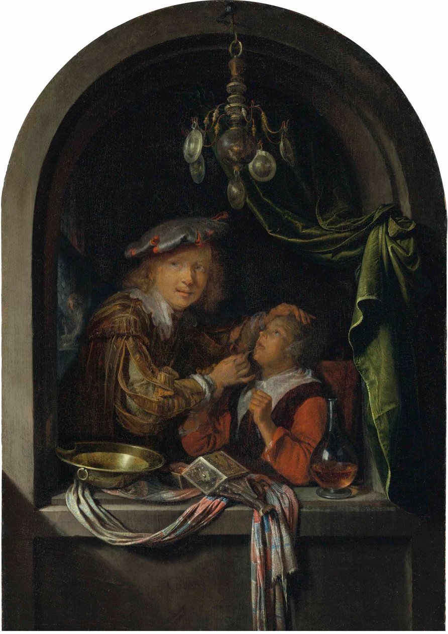 Duits: Der Zahnarzt Een barbier-chirurg die een meisje onderzoekt door Gerrit Dou