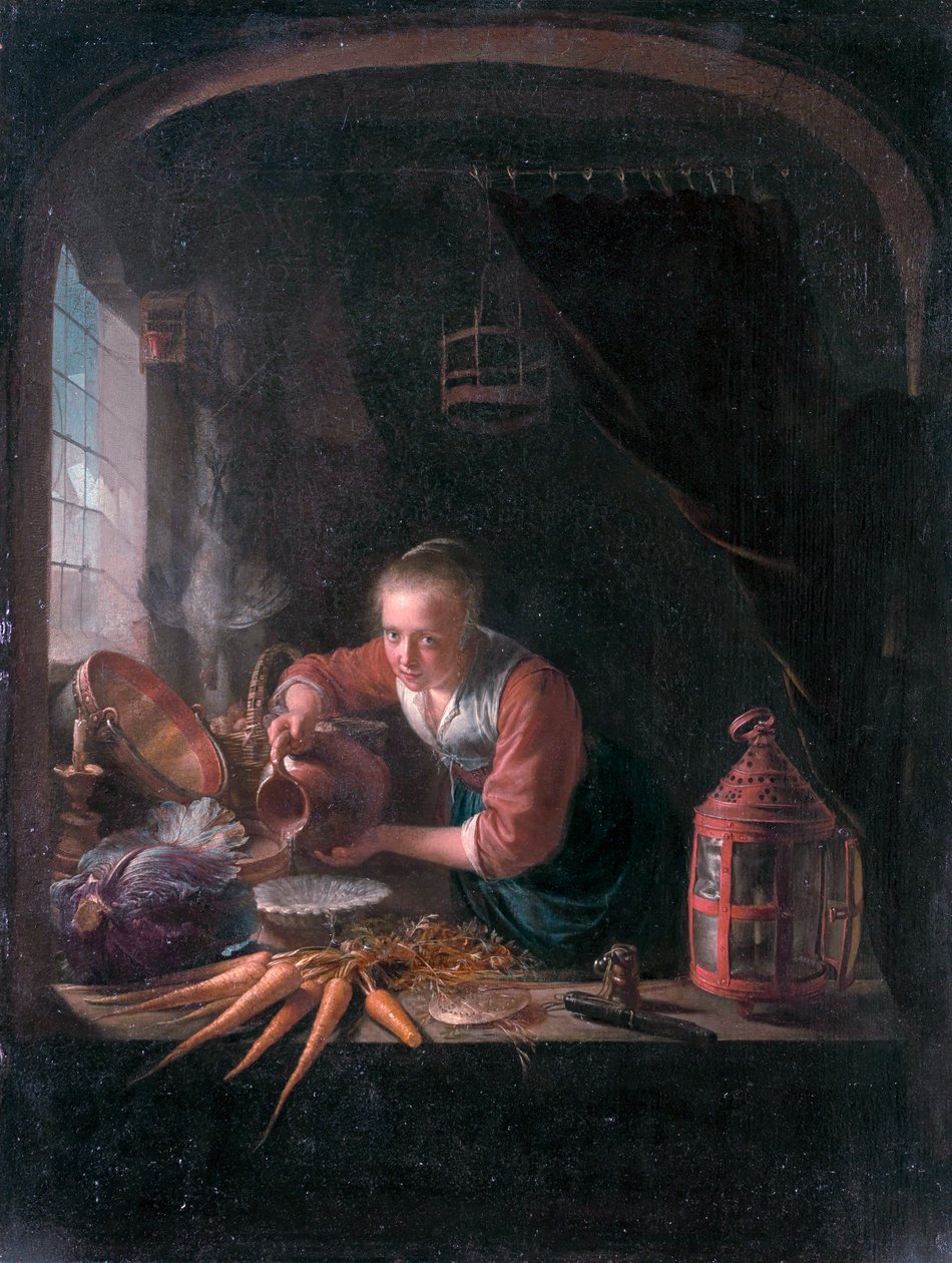 Jonge vrouw giet water uit een kan door Gerrit Dou