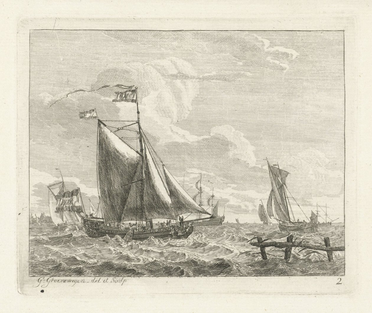 Acht zeilschepen op ruig water door Gerrit Groenewegen