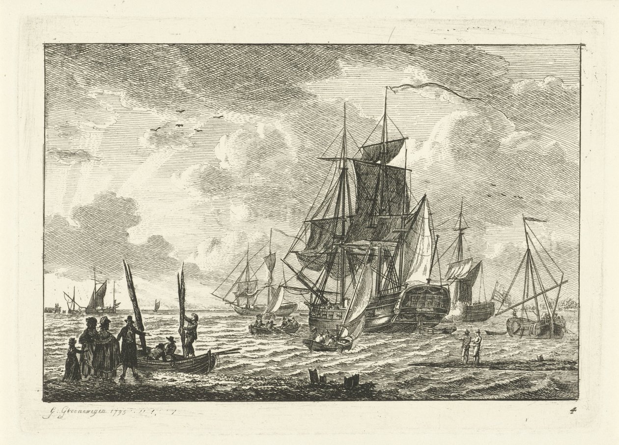 Zeegezicht met diverse schepen Diverse schepen op het water (series title) door Gerrit Groenewegen