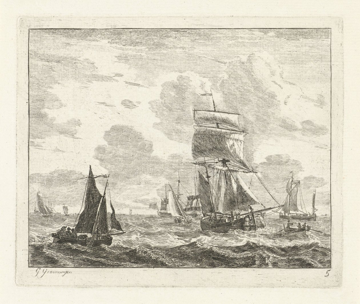 Zeilschepen op onrustig water (Zeegezichten met schepen) door Gerrit Groenewegen