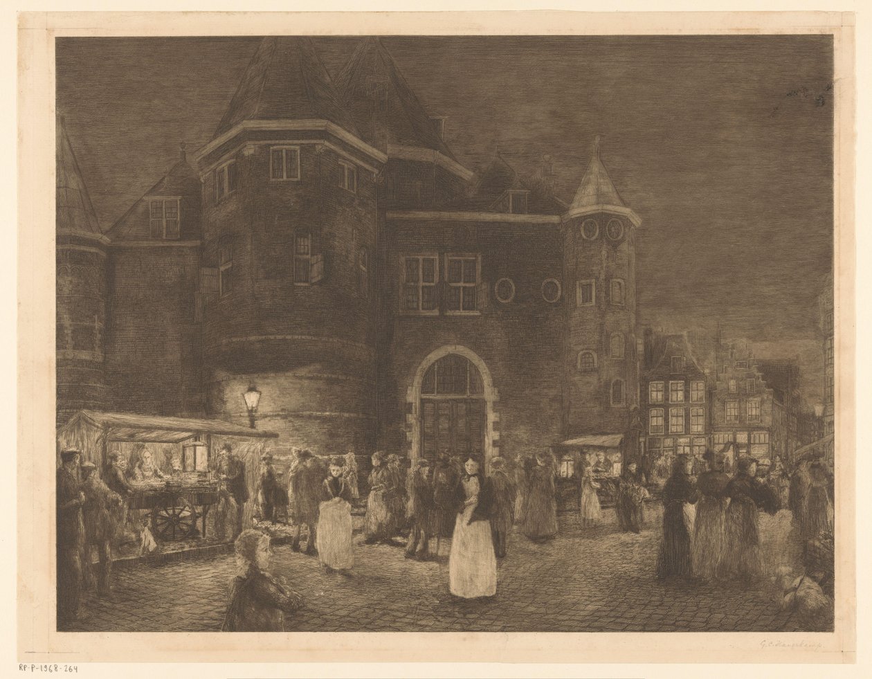 Markt bij de Waag op de Nieuwmarkt in Amsterdam bij avond door Gerrit Haverkamp (signed by artist)