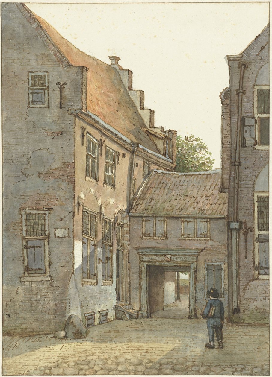 Gezicht op de ingang van de Latijnse school, de St. Hieronymusschool, aan de Kromme Nieuwegracht te Utrecht door Gerrit Lamberts