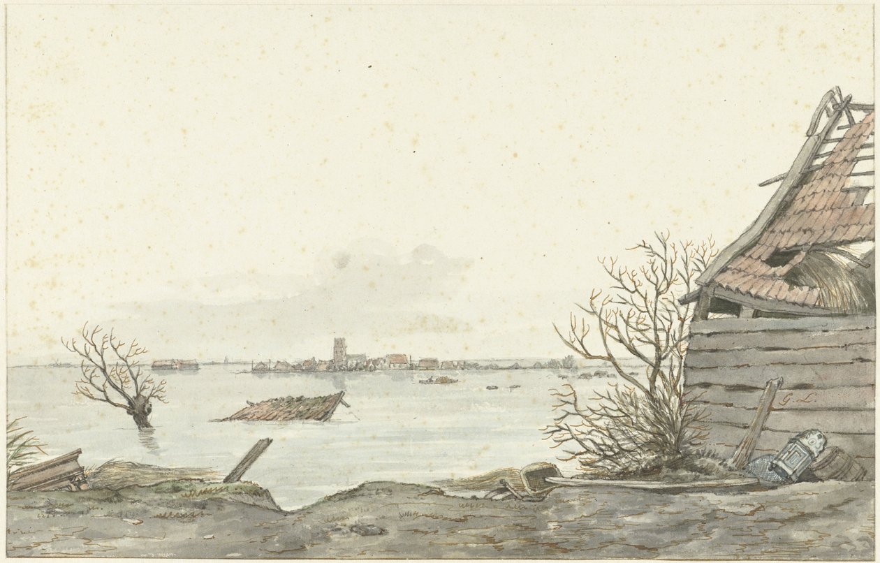 Gezicht op het overstroomde Ransdorp, februari 1825 door Gerrit Lamberts