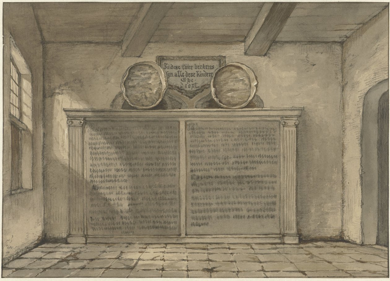 Twee koperen bekkens in de kerk te Loosduinen door Gerrit Lamberts