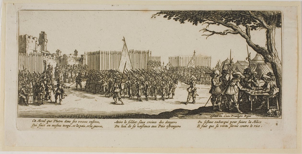 Rekrutering van troepen, plaat twee uit De grote ellende van de oorlog door Gerrit Lucasz van Schagen