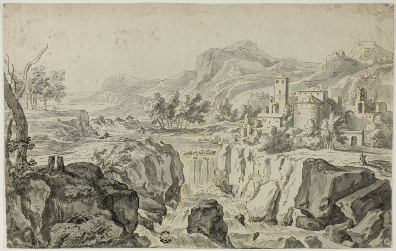 Italiaans landschap met waterval en gebouwen door Gerrit Rademaker