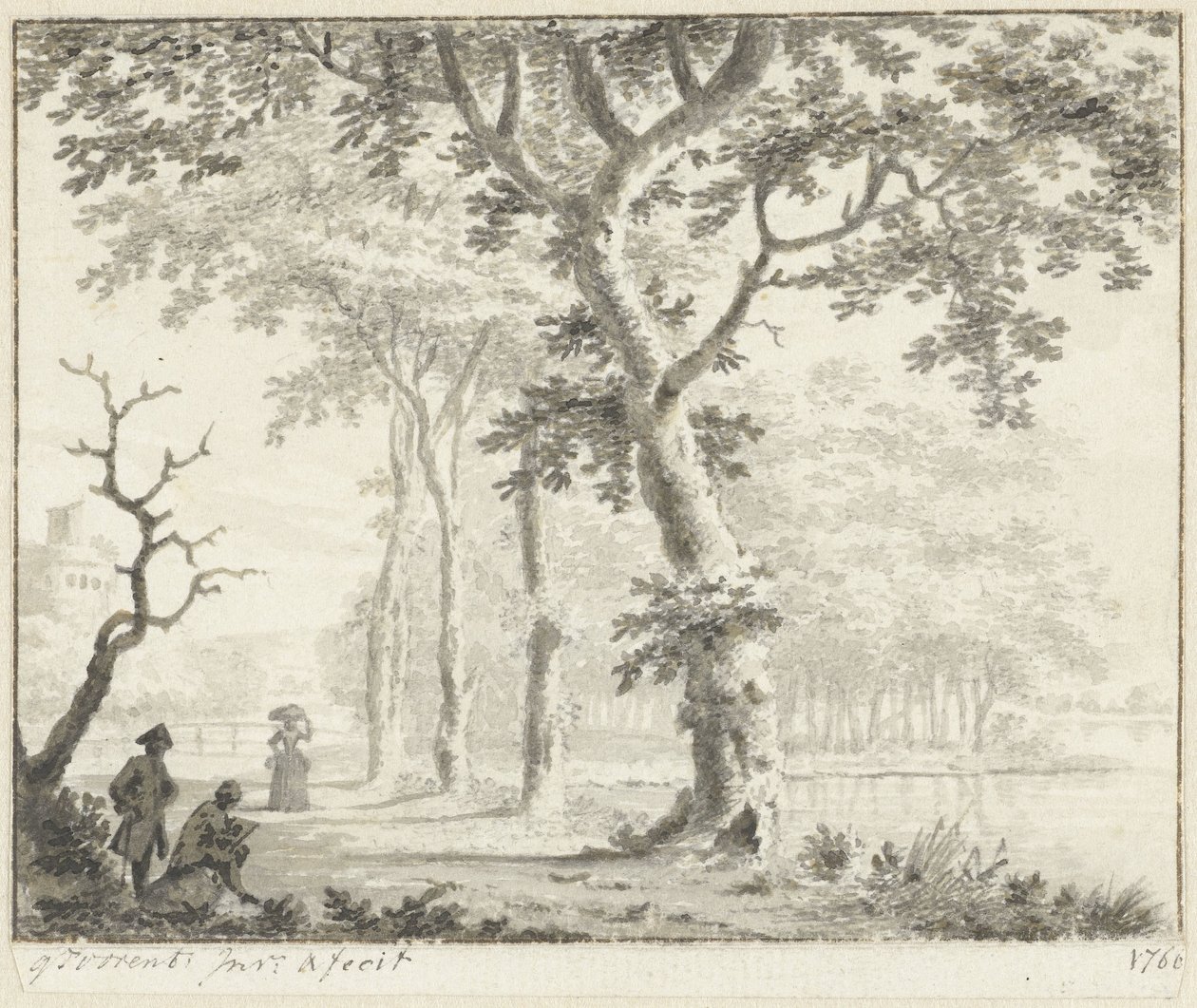Bomen aan de waterkant en een tekenaar door Gerrit Toorenburgh