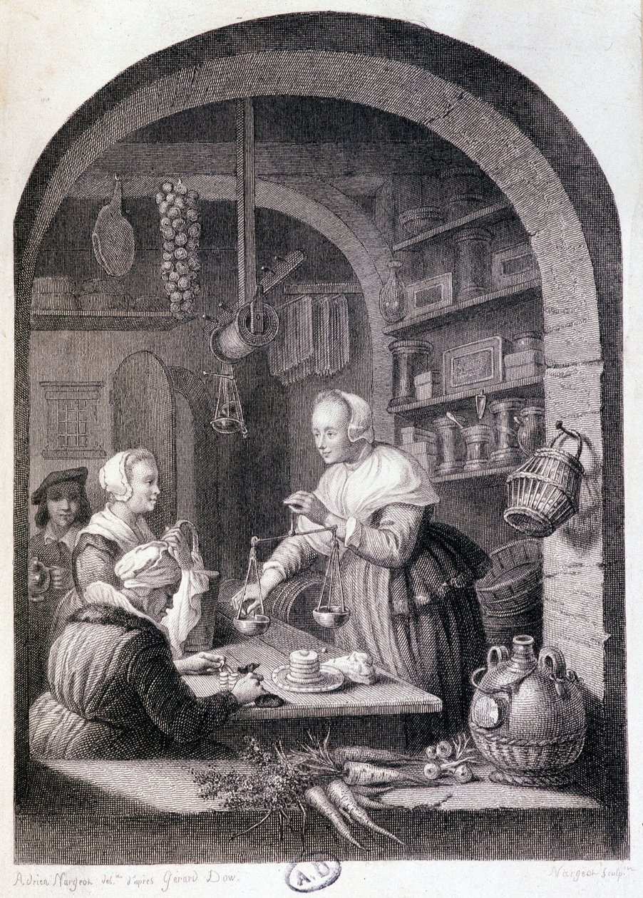 Dorpskruidenier die weegt met een balans. sd. 18e eeuw door Gerrit or Gerard (after) Dou