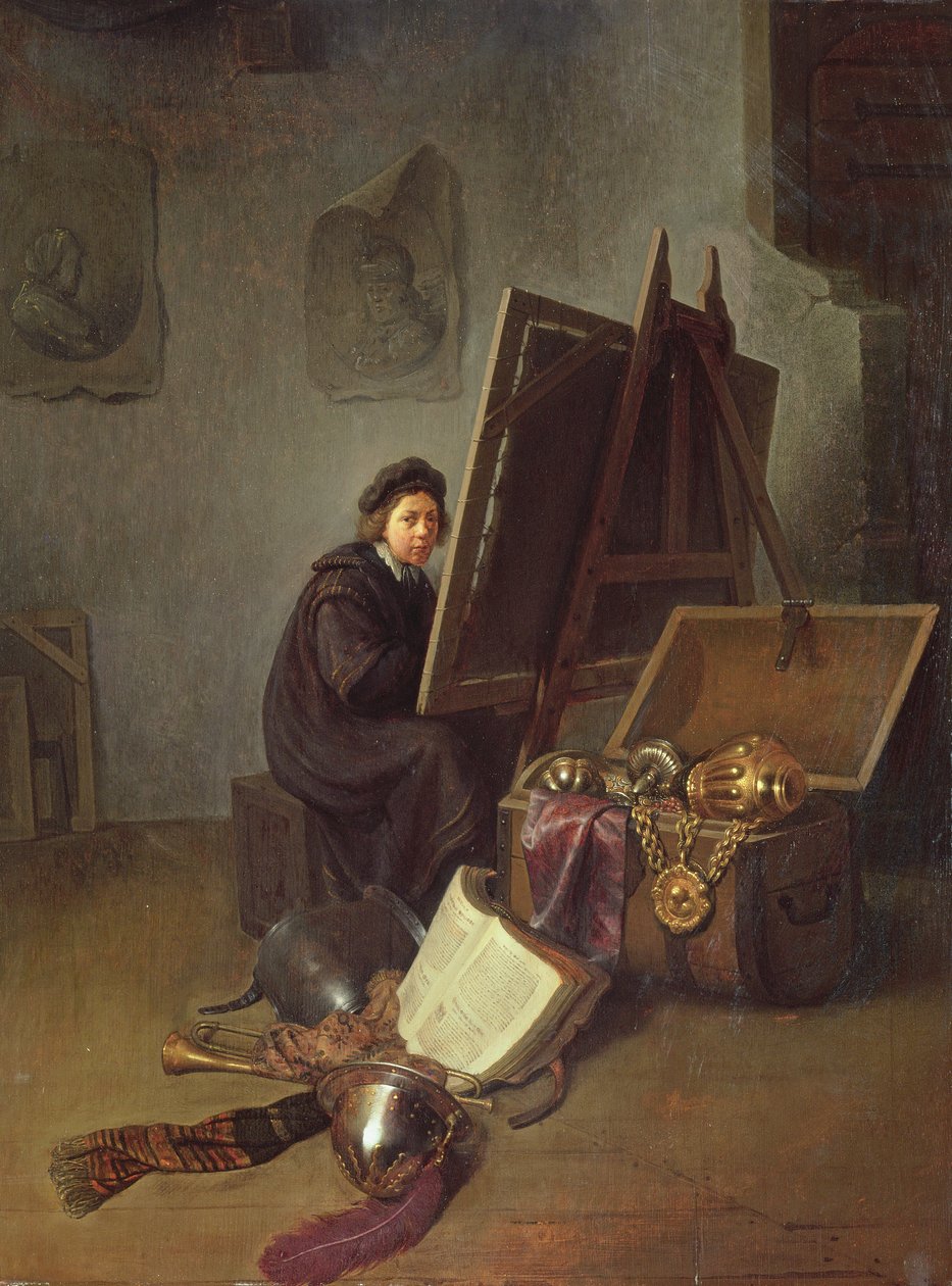 Portret van de kunstenaar aan zijn ezel in zijn atelier door Gerrit Dou