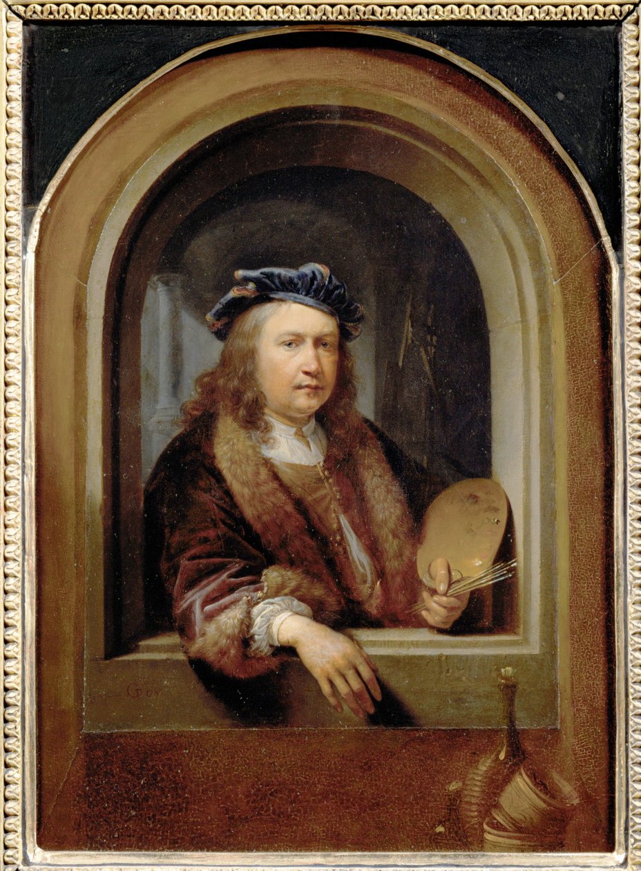 Portret van de kunstenaar met een schilderspalet ... door Gerrit or Gerard Dou