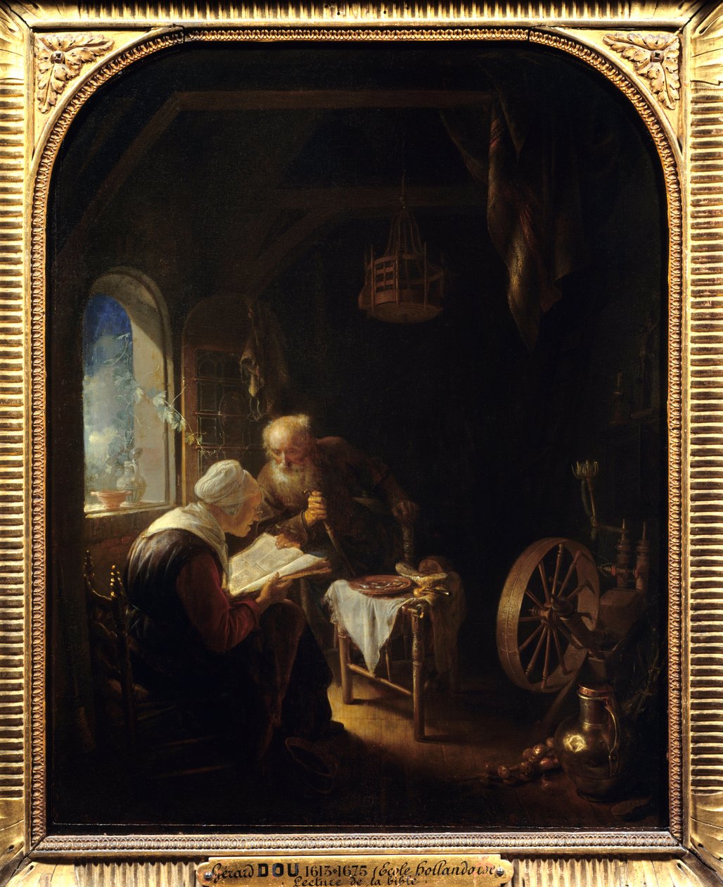 Bijbel lezen of Anne en Tobie - Schilderij door Gerard Dou (1613-1675) door Gerrit Dou