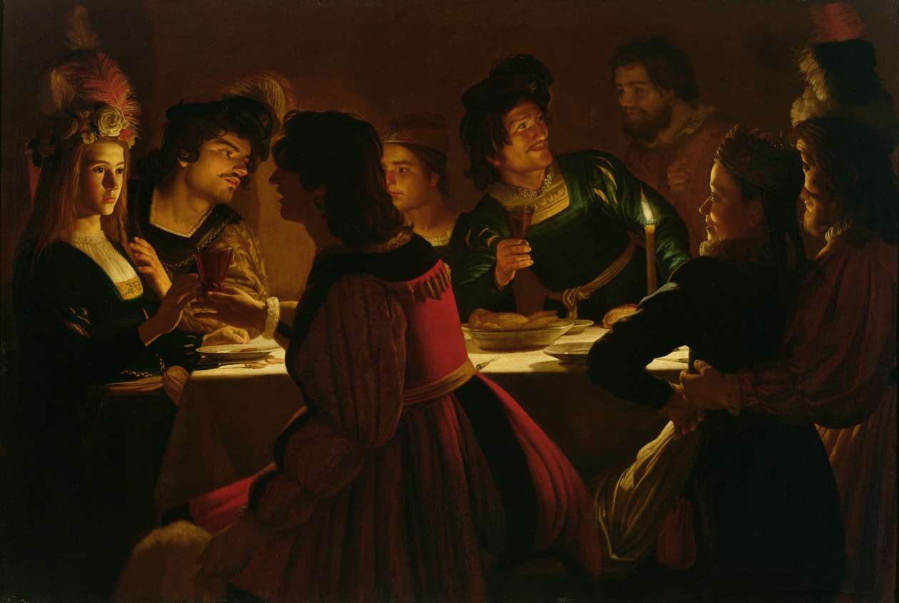 Feestscène met een Jong Getrouwd Stel door Gerrit van Honthorst