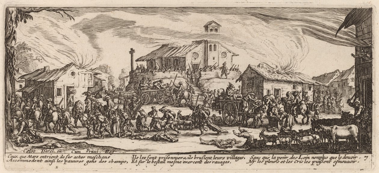 Plunderen en verbranden van een dorp door Gerrit van Schagen after Jacques Callot