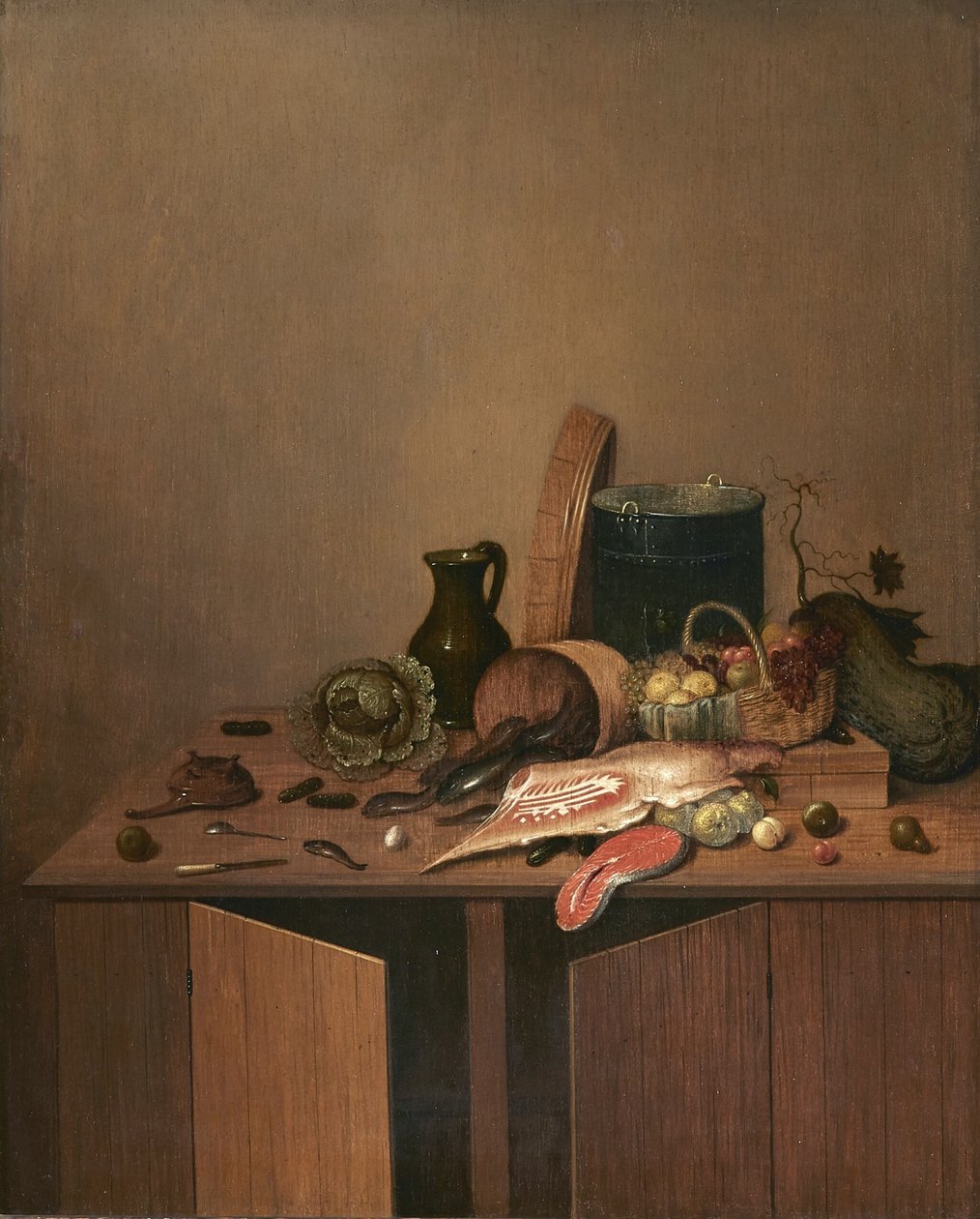 Keukenstilleven met vlees, vis en groenten door Gerrit van Vucht