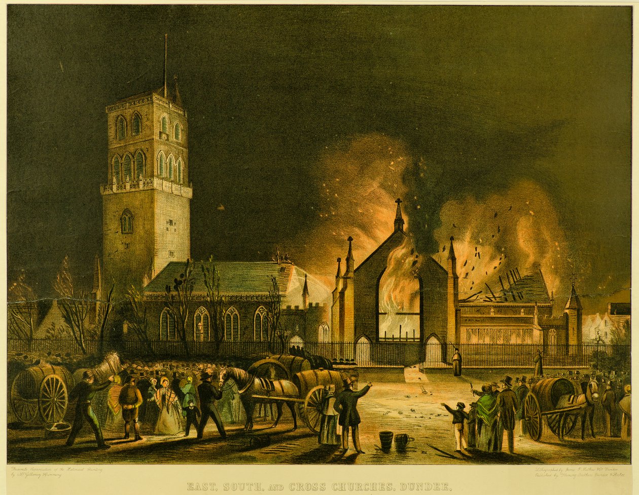 Oost-, Zuid- en Kruiskerken, Dundee [zoals ze verschenen in brand op de ochtend van zondag 3 januari 1841] door Gershom Gourlay Cumming