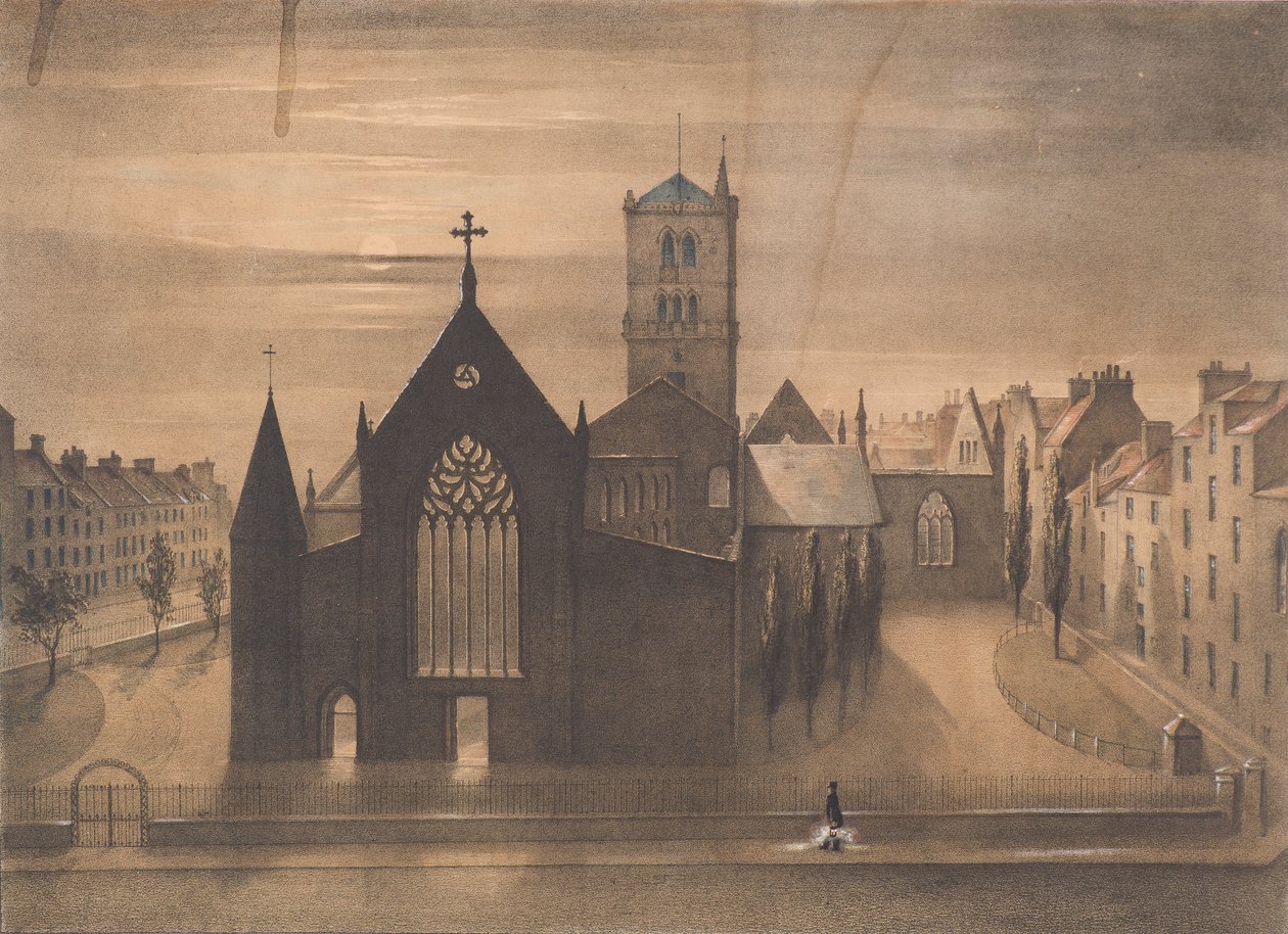 Maanlicht Uitzicht op Oost- en Kruiskerken, Dundee zoals ze eruitzagen na de Brand van 3 januari, ca. 1841 door Gershom Gourlay Cumming
