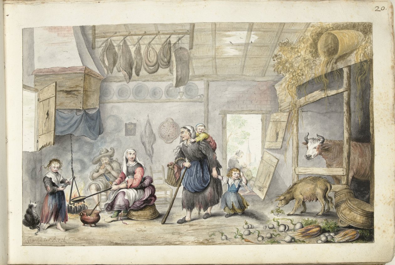 Boereninterieur (Liefdadigheid of Armoede) door Gesina ter Borch (signed by artist)