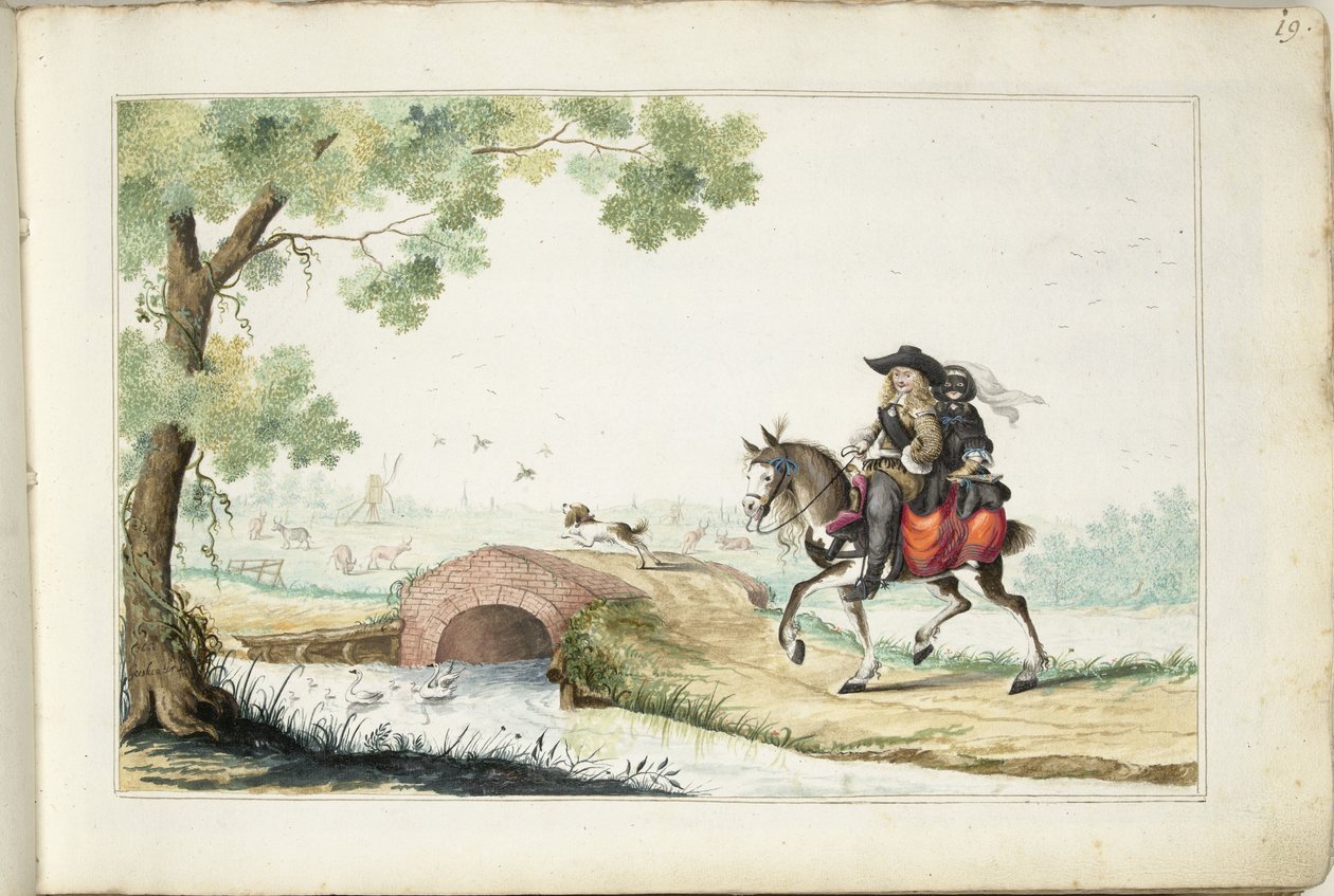 Man en gemaskerde vrouw te paard door Gesina ter Borch (signed by artist)