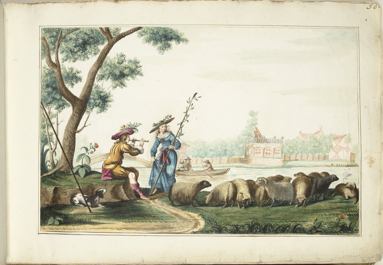Pastorale voorstelling aan een rivier door Gesina ter Borch (signed by artist)