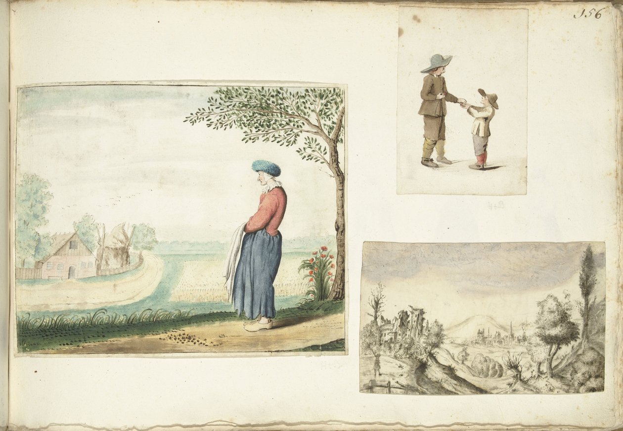 Boerenvrouw, jongens met appels en een heuvelachtig landschap door Gesina ter Borch