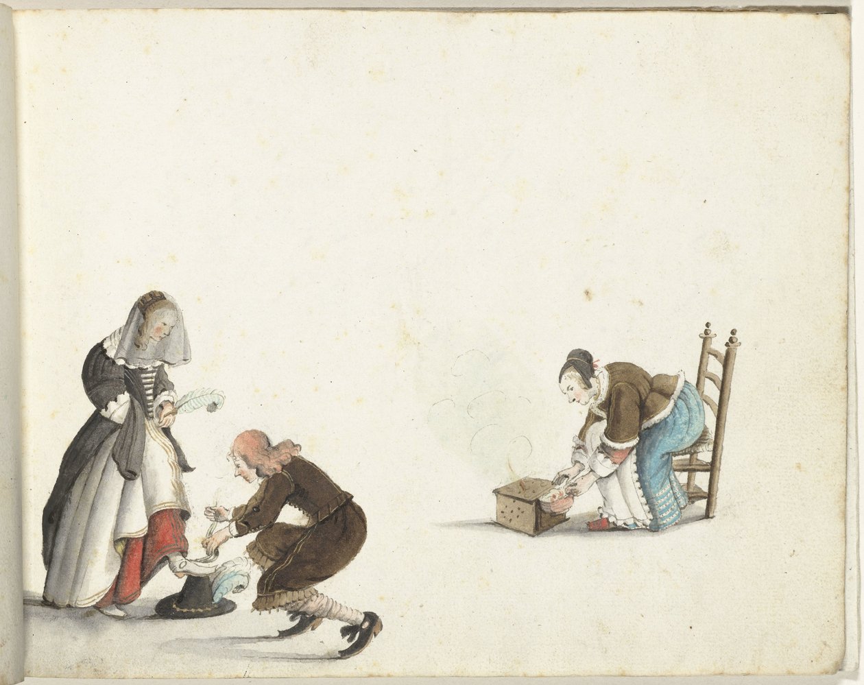 Heer strikt de schoen van een dame en een vrouw doet vuur in een stoof door Gesina ter Borch