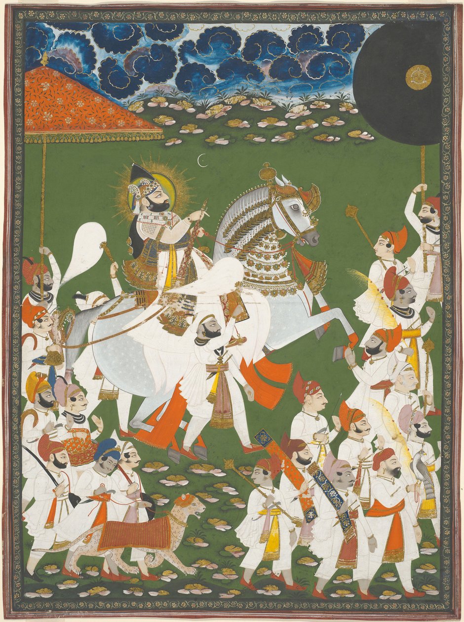 Maharana Bhim Singh in processie, ca. 1820 (dekkende aquarel en goud op papier) door Ghasi Ghasi