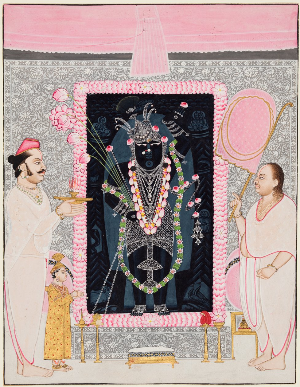 De hoofdpriester Tilakayat Govardhanlalji brengt offers aan Shri Nathji ter viering door Ghasiram Hardev Sharma