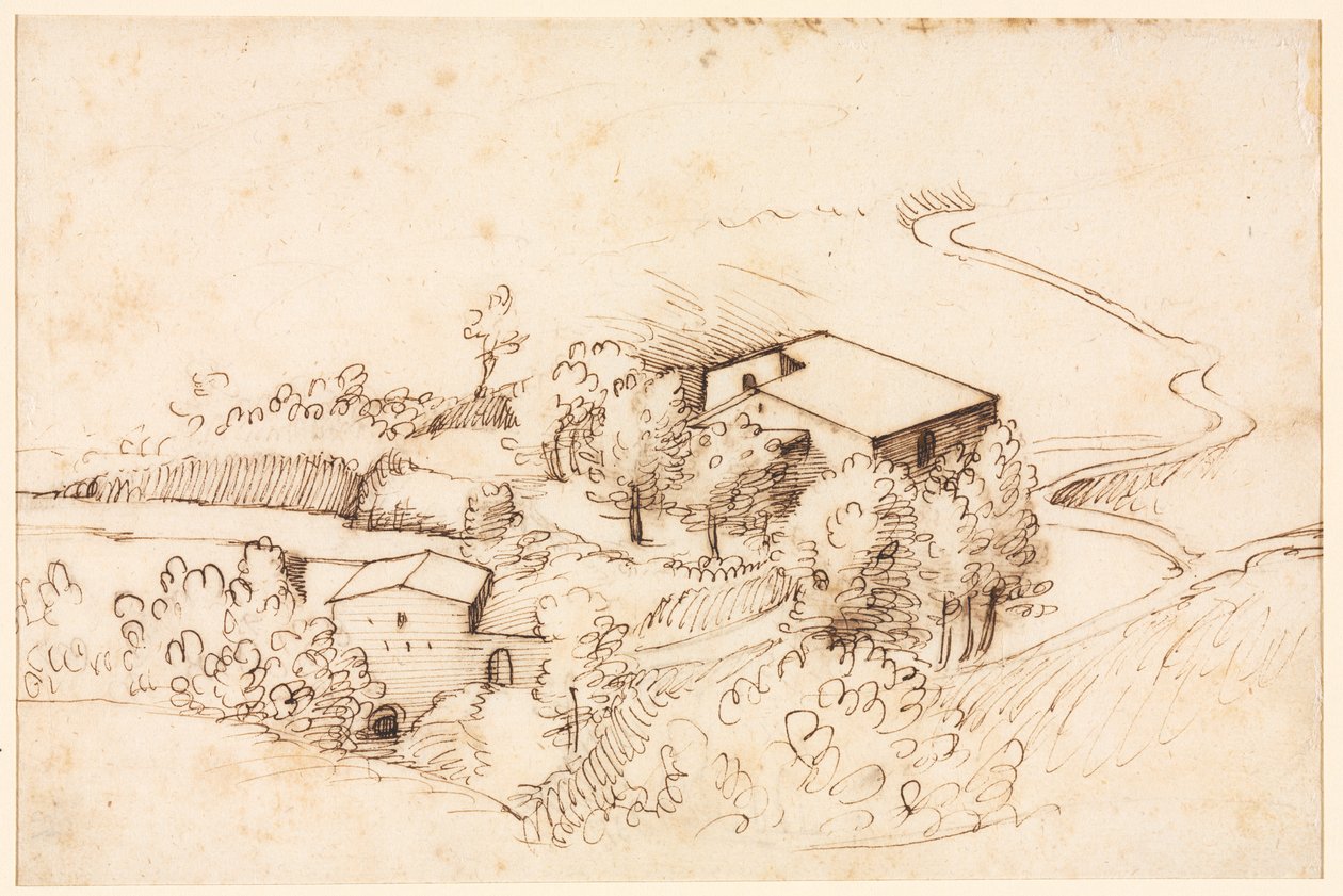 Boerderij met Bomen in een Heuvelachtig Landschap (verso) door Gherardo Cibo