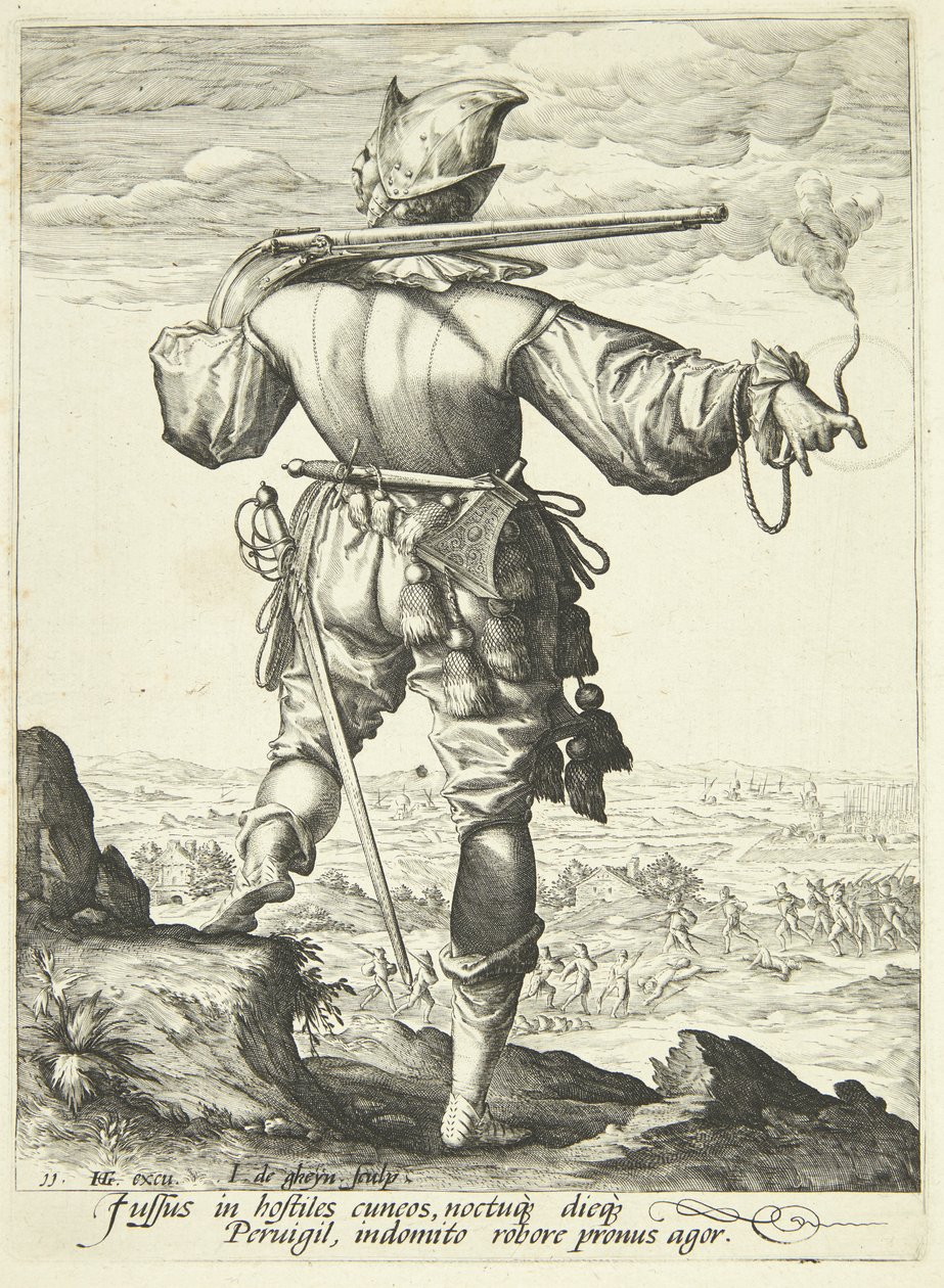 Een musketier van achteren gezien door Gheyn, Jacques II de