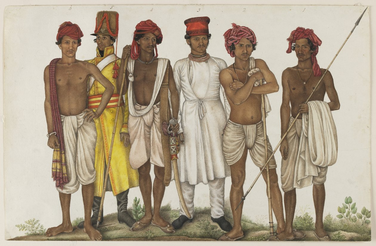 Zes rekruten, folio uit het Fraser Album door Ghulam Ali (family of) (attr. to) Khan