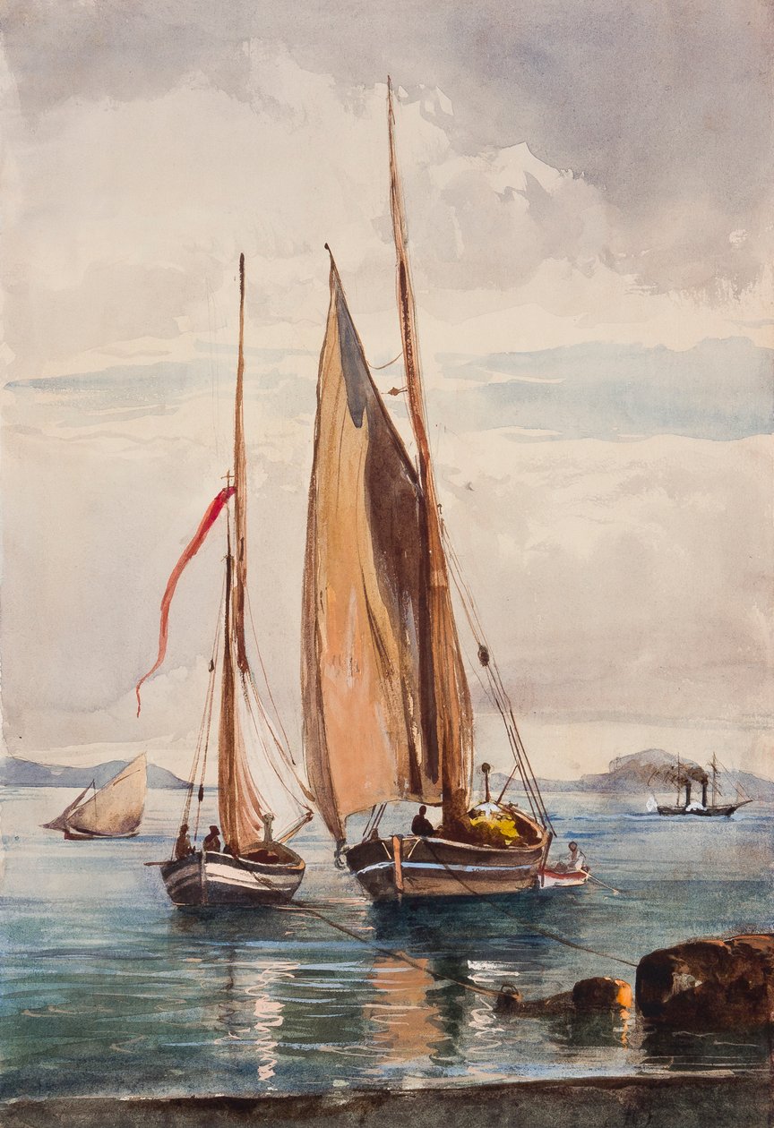 Vissersboten en stoomschip, met toevoegingen door Prins Alfonso Maria di Borbone (1841-1934) door Giacinto Gigante