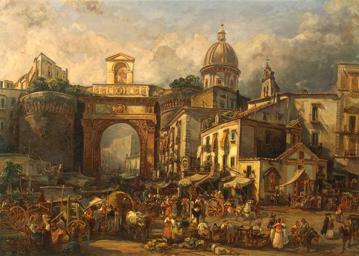 Italië, Napels, Markt bij Porta Capuana door Giacinto Gigante door Giacinto Gigante
