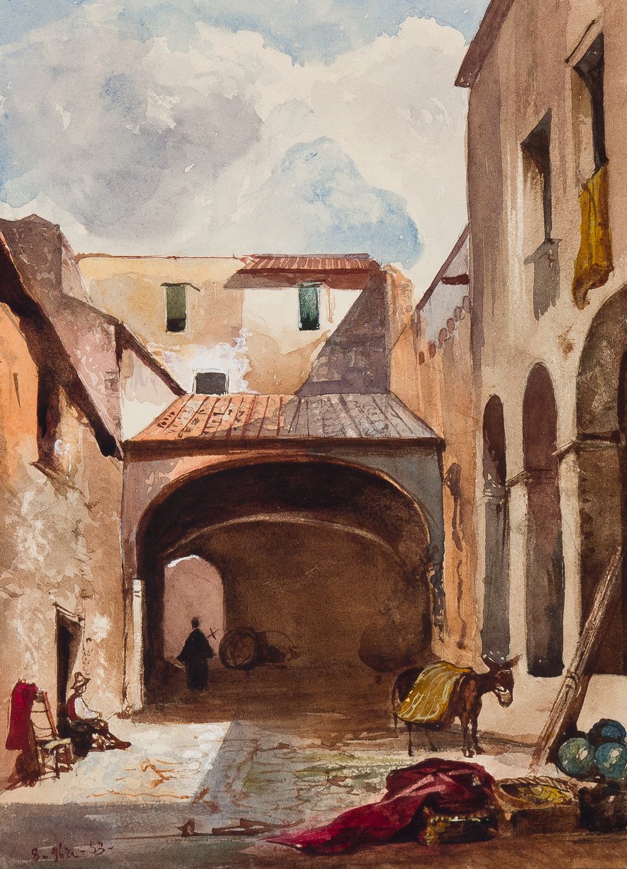 Passage en straat met figuren, met toevoegingen door een Borbone leerling, mogelijk Prins Alfonso Maria di Borbone (1841-1934), 1853 door Giacinto Gigante