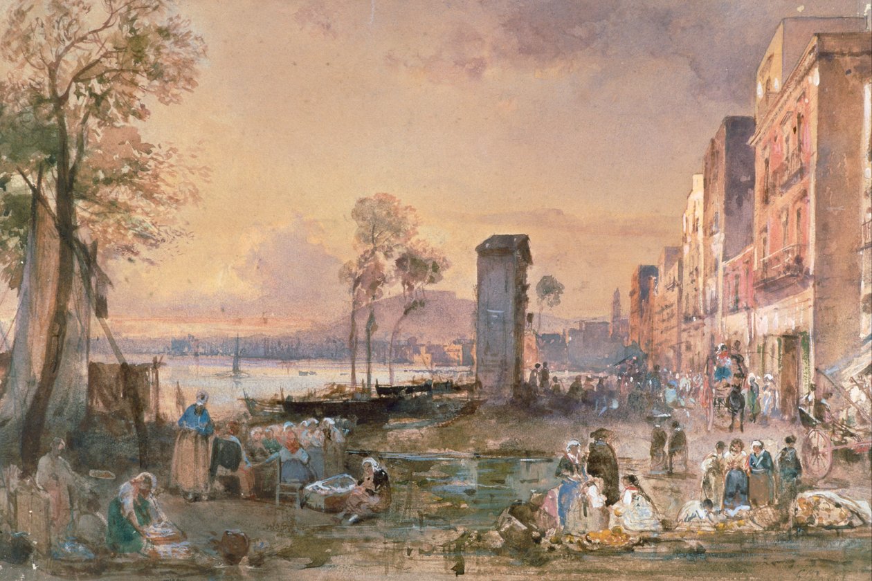 Uitzicht op Napels vanaf Marinella, door Giacinto Gigante (1806-1876), potlood, aquarel en ceruse (wit lood) op papier, Italië door Giacinto Gigante
