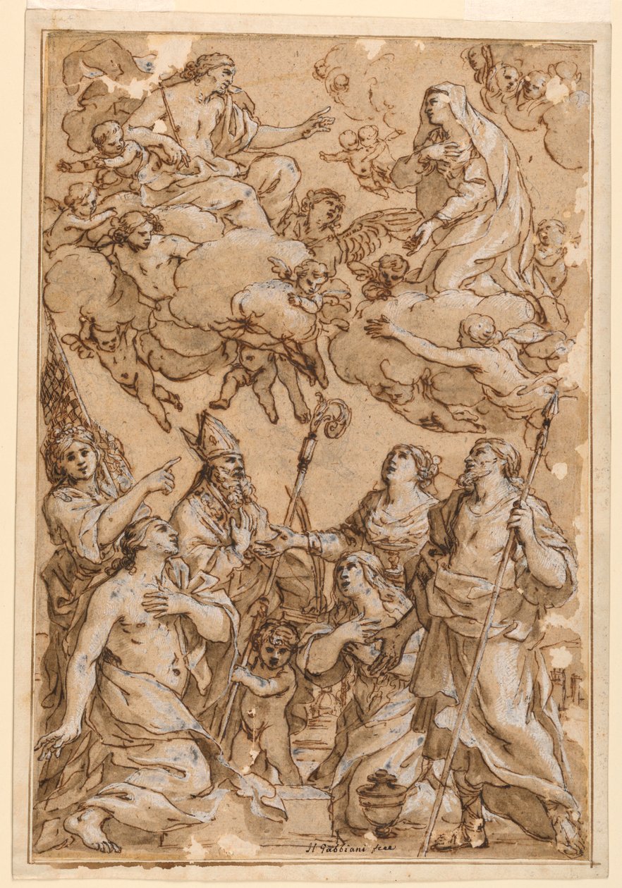 Tekening, Christus en de Maagd met beschermheiligen van Pistoia, 1638 door Giacinto Gimignani