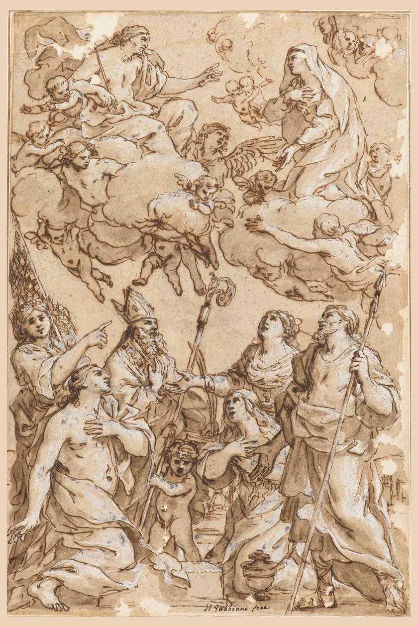 Tekening, Christus en de Maagd met beschermheiligen van Pistoia, 1638 door Giacinto Gimignani