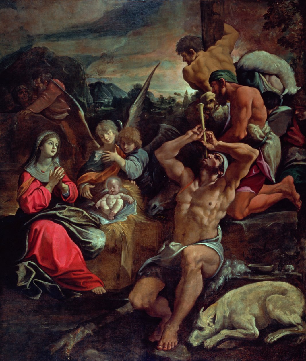 De aanbidding der herders door Giacomo Cavedone
